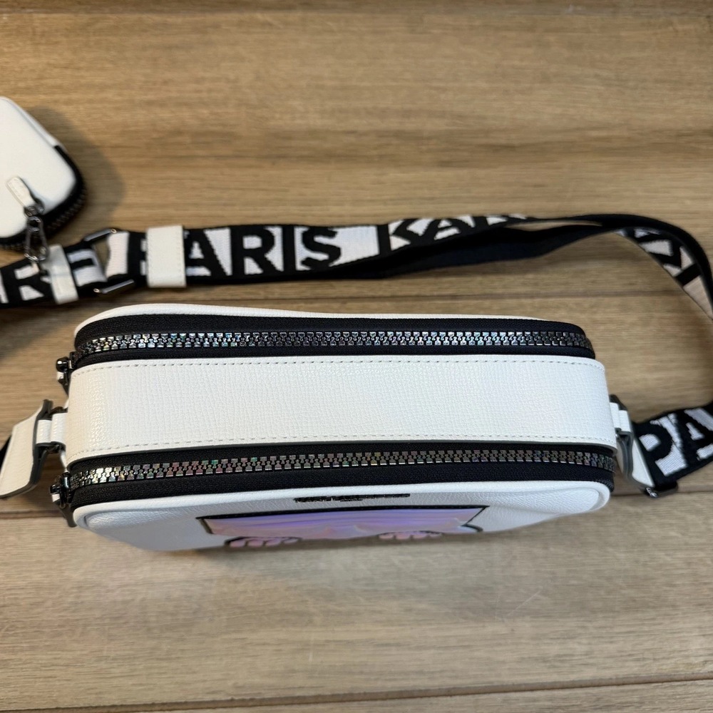 Karl Lagerfeld Maybelle Double Zip White Iridescent Crossbody Camera Bag Pouch - Picture 11 of 16